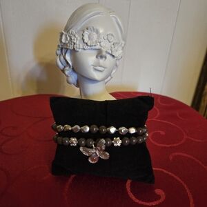 Women’s Brown Beaded Bracelet Set with Silver Butterfly Charm